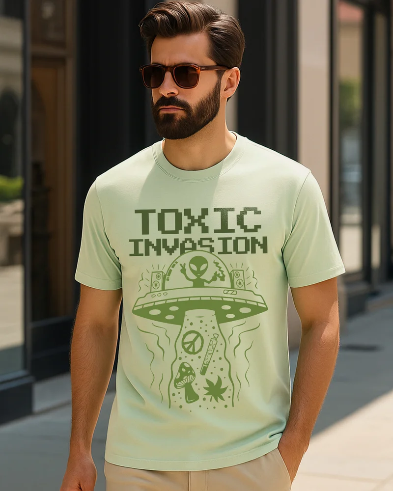 bewakoof Men's Fog Green Toxic Invasion Graphic Printed T-shirt